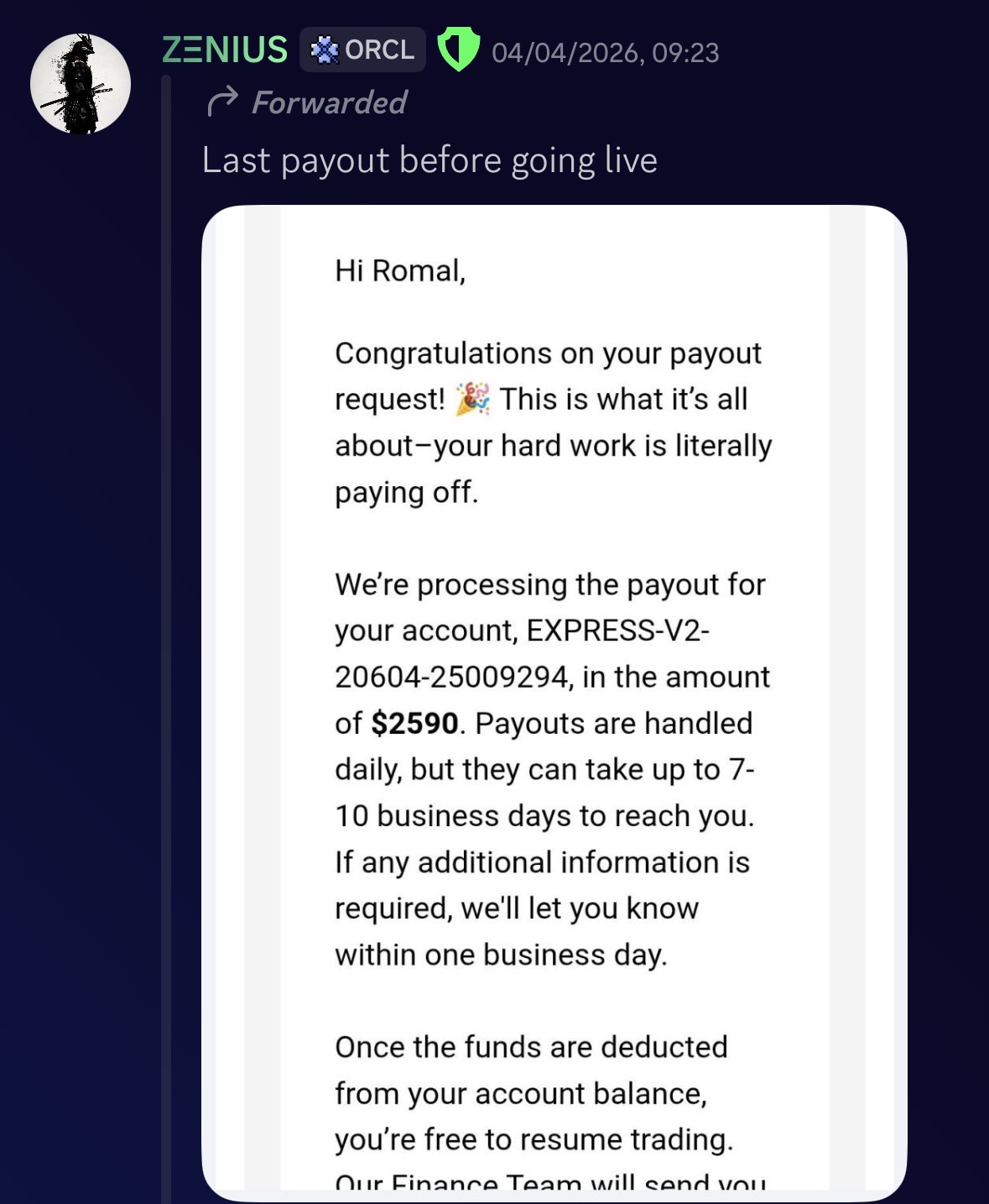 $2,590 payout confirmation email